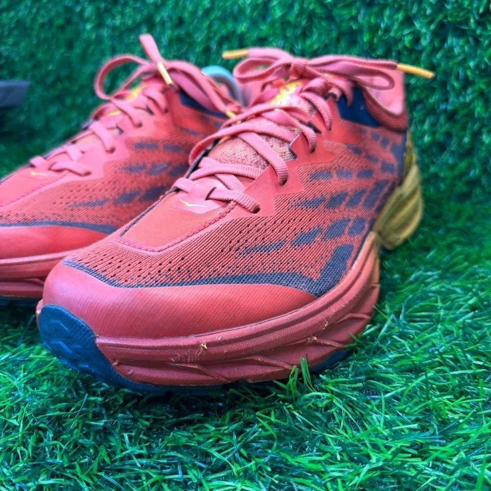 Hoka Speedgoat 5 Mens 12D Trail Running Shoes Red Yellow Vibram 1123157 FRYL
